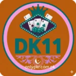 Logo of DK11 Game showing playing cards, dice, and a crown on a green background, representing an online mobile gaming platform in Pakistan.