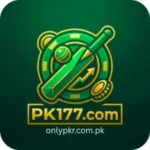 PK177 Game logo with cricket bat, ball, and coins on green background – mobile gaming and earning platform in Pakistan