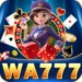 WA777 Game app icon showing a female character in a purple uniform holding dice, surrounded by cards, poker chips, and a roulette wheel, representing mobile casino and earning games.