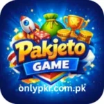PakJeto Game logo with coins, trophy, dice, and rocket icon on a vibrant blue background representing real money and rewards.