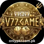 V77 Game logo with golden design featuring dice, slot symbols, winged horses, and decorative elements – Real Earning Mobile Game