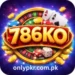 786KO Game logo with 3D golden letters surrounded by roulette wheel, poker cards, dice, chips, and gold coins on a vibrant blue and purple background, representing a fun and rewarding mobile gaming app