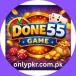 DONE55 Game logo featuring bold golden and blue 3D text with a spinning prize wheel, playing cards, dice, flying coins, and a money bag on a vibrant purple and blue sparkling background
