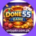 DONE55 Game logo featuring bold golden and blue 3D text with a spinning prize wheel, playing cards, dice, flying coins, and a money bag on a vibrant purple and blue sparkling background