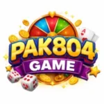 Pak804 Game logo with colorful spin wheel, gold coins, dice, and playing cards, featuring bold yellow “PAK804” text and a purple “Game” banner on a bright gaming-themed background.