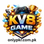 KV8 Game logo featuring a black game controller, a golden trophy, a rocket, and scattered gold coins on a dynamic blue and orange background.