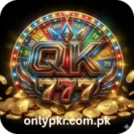 QK777 Game logo with a colorful spinning wheel in the background, surrounded by gold coins and multipliers, representing a casino-style mini-game and rewards system.